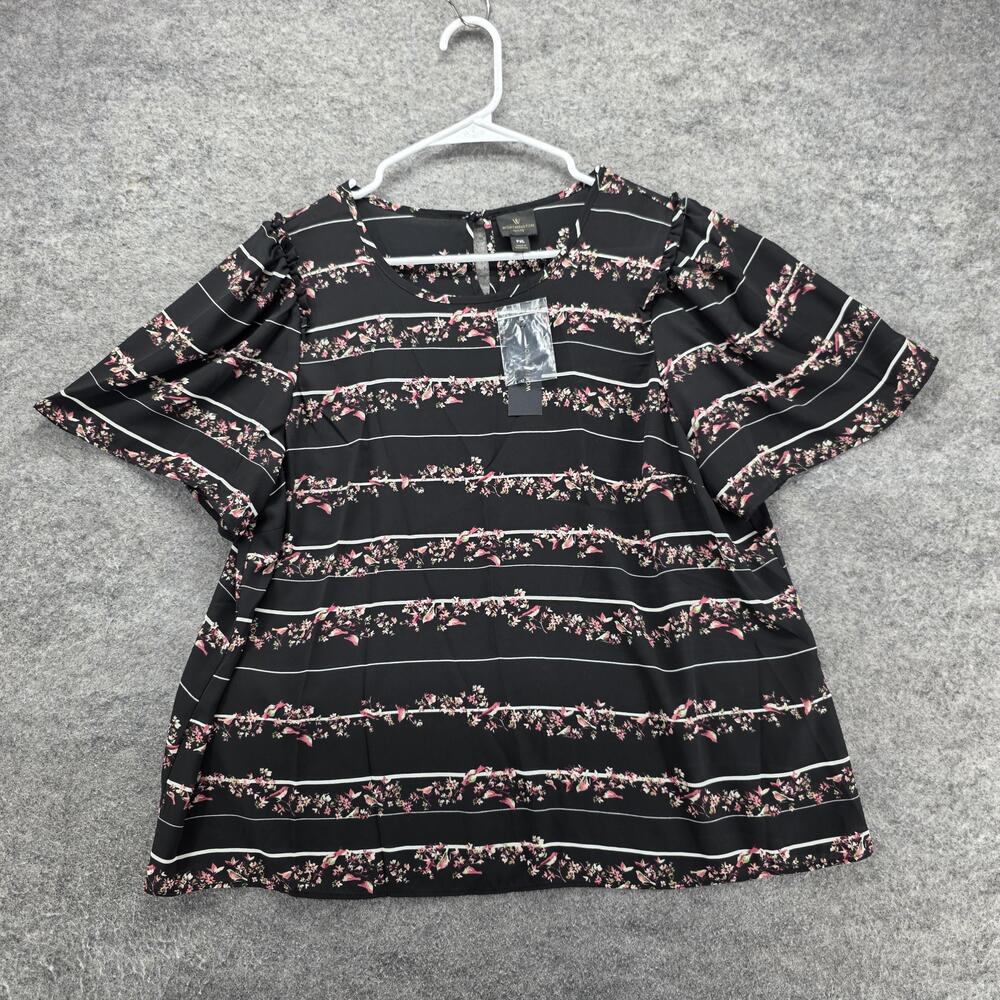 Worthington Blouse Womens PXL Black Tweet Stripe Bird Floral Bell Sleeve Top
